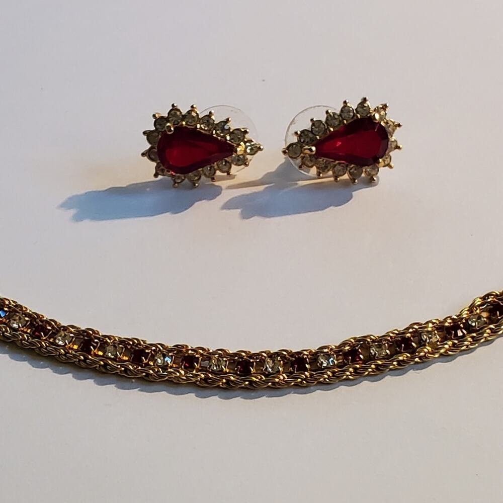 Red and clear Rhinestone glam earrings and making Bracelet Gold tone metal